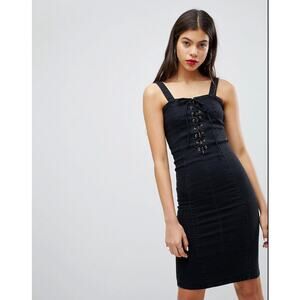 Liquor N Poker Denim Dress with Lace Up Eyelet Detail US Large